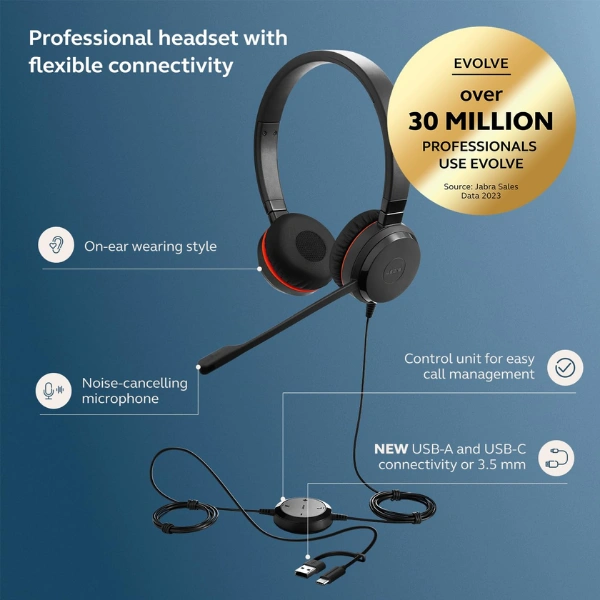 Jabra Evolve 30 II MS Stereo Wired Headset USB-A Noise Cancelling Microphone - Image 2